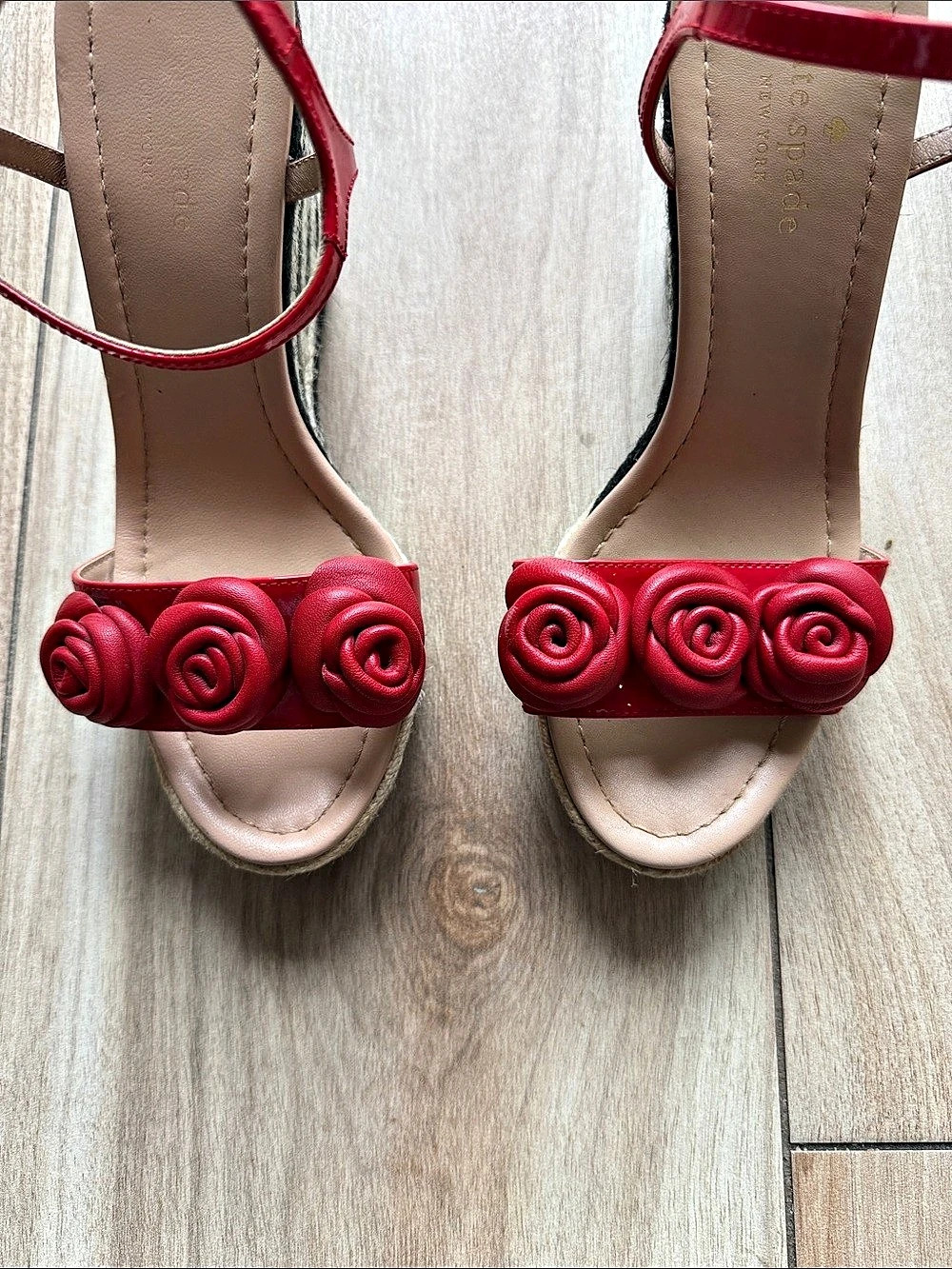 Kate Spade New York Jill Espadrille Wedge Red Rose Striped Sandals Twee - Picture 3 of 8